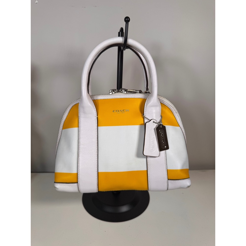 Coach Bleecker Mini Preston Satchel Yellow White Stripe Canvas Leather 30172 - Picture 1 of 7